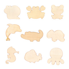Wooden toys with animal figures on white background