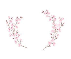 Semicircle Border Arranged of Twigs of Sakura or Cherry Blossom Vector Illustration