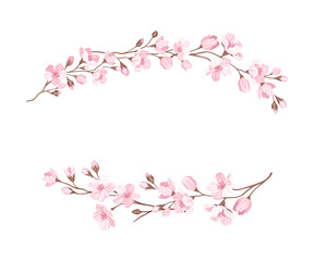 Sakura or Cherry Blossom Twigs Arranged in Border Line Vector Illustration
