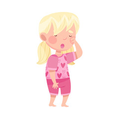 Sleepy Little Girl Wearing Pajamas Rubbing Her Eyes with Fist and Yawning Vector Illustration