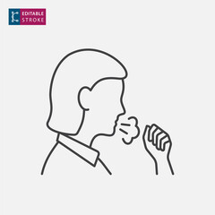 Woman coughing line icon on white background. Editable stroke.