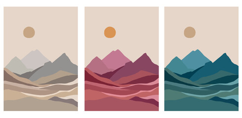 Landscape poster. Mountain art. Mountain, river view. Hills, clouds, sun, moon. Japanese style. Modern minimalist print. Nature art background. Natural wallpaper.