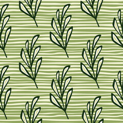 Outline green leaf branches elements seamless doodle pattern. Green and white striped background.