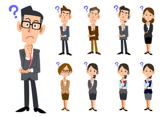 疑問を感じている会社員の男女の全身セット
