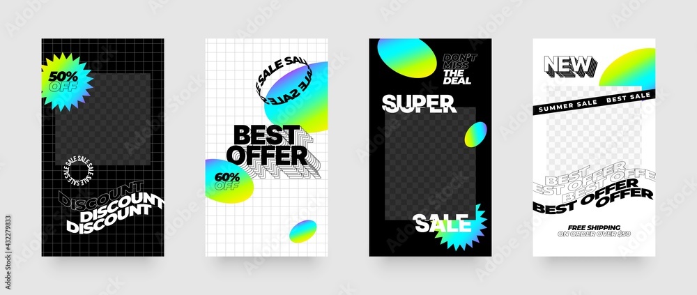Poster stories template set for discount. screen backdrop for mobile app with place for photo. social media