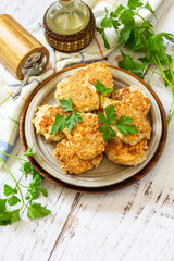 Healthy vegan food. Tasty homemade Red fish cutlets on a wooden rustic table. Copy space.