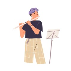 Young modern musician performing on flute. Female flutist with fife and music stand. Student learning to play wind instrument. Colored flat vector illustration isolated on white background