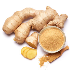 Fresh organic ginger and bowl of grinded spice isolated on white background