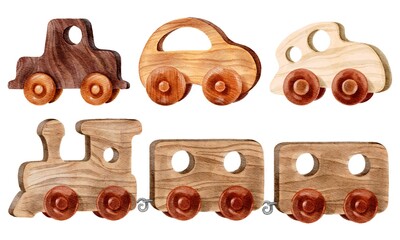 Hand drawing watercolor cute wooden children’s car and train toys. Ecological toys. Use for poster, card, invitation, banner, advertising, marketing, shop, print, textile, design