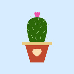 home plant cute home cactus in flower vase with heart flat illustration, vector