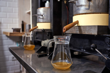 Local small seed oil production. Fresh extra virgin linseed oil extraction process