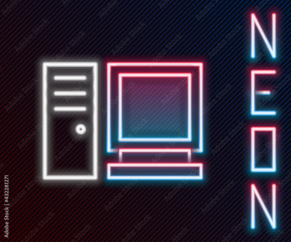 Poster glowing neon line computer monitor icon isolated on black background. pc component sign. colorful ou