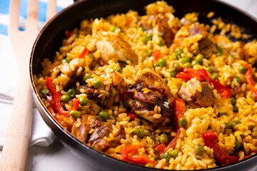 Traditional paella from a restaurant in the famous Rambla de Barcelona. Cooked with vegetables and chicken.
