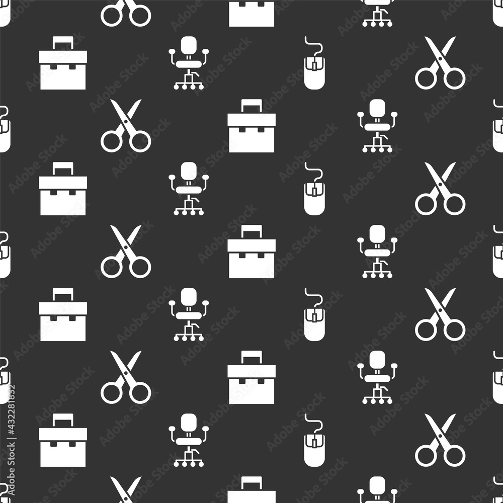 Poster set computer mouse, scissors, briefcase and office chair on seamless pattern. vector