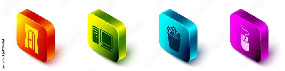 Poster set isometric pencil sharpener, computer monitor, full trash can and computer mouse icon. vector