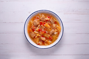 Menorcan soup. Traditional from the Balearic Islands, cooked with tomato, red pepper, cabbage, and bread.