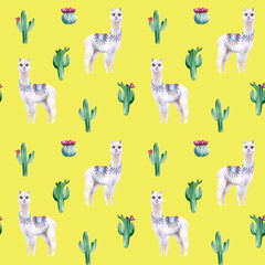 Watercolor hand painted seamless pattern with alpaca and cactuses on yellow