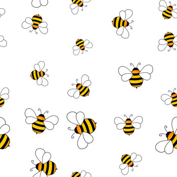 Seamless pattern with bees on white background. Small wasp. Vector illustration. Adorable cartoon character. Template design for invitation, cards, textile, fabric. Doodle style