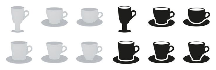 Set of cups and mugs in flat style and silhouettes. Vector illustration of drinking utensils.