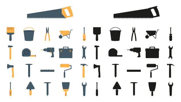A set of construction tools in a flat style and silhouettes. Vector illustration of hammer, drill, pliers, wrench and tool box.