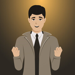 Vector illustration of a happy man celebrating a victory. A smiling successful guy. Person with a joyful mood.