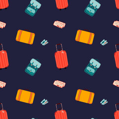 Vector seamless pattern with a suitcase on wheels, backpack and tickets, a pattern in a flat style on a colored background. Illustration for travel, packaging, clothing, postcards