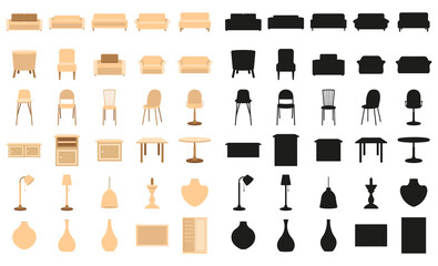 Interior elements in flat style and silhouettes. Vector illustration of furniture.