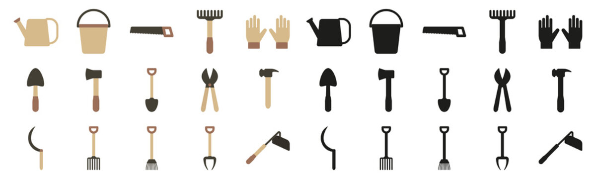 A set of garden tools in a flat style and silhouettes. Vector illustration of a rake, gloves, shovel, pruner and watering can.