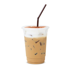 Menu iced coffee latte cappuccino with ice in glass. Add the milk foam and cocoa powder to...