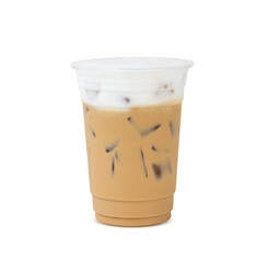 Menu iced coffee latte cappuccino with ice in glass. Add the milk foam and cocoa powder to sprinkle.  isolated on white background. clipping path.
