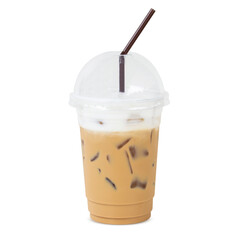 Menu iced coffee latte cappuccino with ice in glass. Add the milk foam and cocoa powder to sprinkle.  isolated on white background. clipping path.