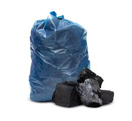 Heap of natural black activated charcoal granules In plastic bag blue or hardwood charcoal isolated on white background