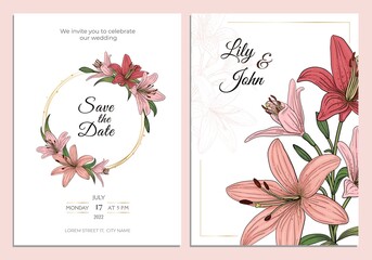 Pink lily wedding invitation card template design, lilies flowers and leaves with gold frame vintage linear art sketch style vector illustration. Flower of Lilium candidum, Madonna lily.