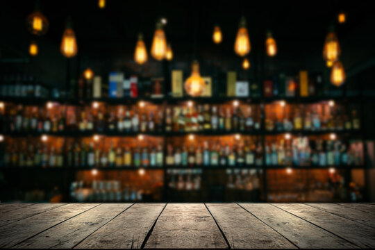 Wooden Table With Blurred Liquor Bar Background	