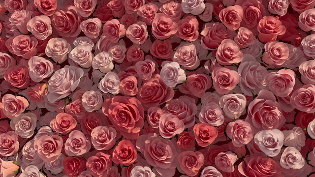 Red, Bright Wall background with Roses. Beautiful, Floral Wallpaper with Romantic, Elegant flowers. 3D Render