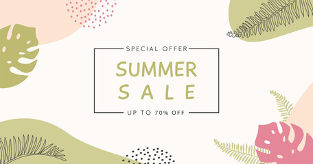 Bohemian Summer sale horizontal banner template. Trendy abstract background with tropical palm leaf and geometric elements. Modern colorful summer design for web internet advertisement. Flat vector.