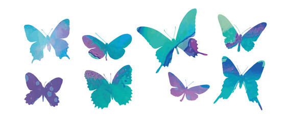 Obraz na płótnie Canvas Butterfly watercolor. Blue, marine wings on white backgroud. Fly, isolated vector. Butterflies colorful collection. Butterfly swarm. Set ocolorful butterflies. Vector illustration. Spring and summer.