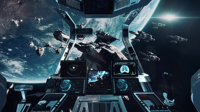View from Spaceship Cockpit - Sci-Fi Battleship Fleet in Orbit of Earth