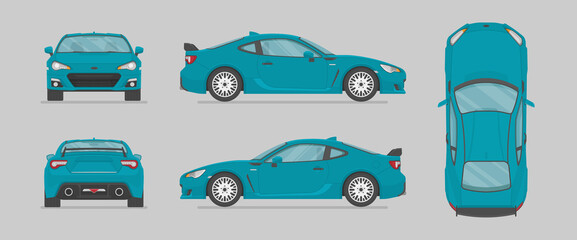 Vector blue sport car. Side view, front view, back view, top view. Cartoon flat illustration, car for graphic and web © Rimsky