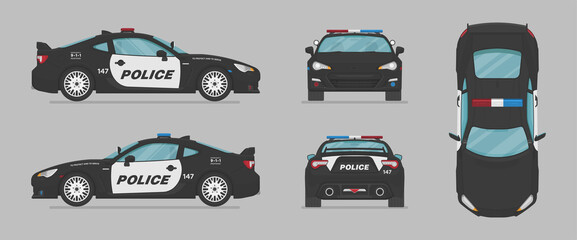 American police sport car. Side view, front view, back view, top view. Cartoon flat illustration, auto for graphic and web © Rimsky