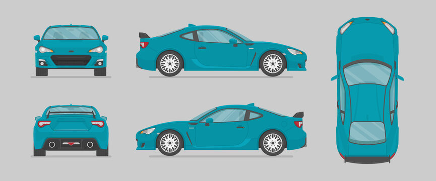 Vector blue sport car. Side view, front view, back view, top view. Cartoon flat illustration, car for graphic and web