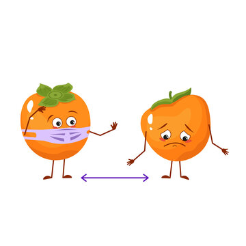 Cute persimmon characters with emotions, face and mask keep distance, arms and legs. People made of fruits or vegetables