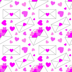 Love letter envelope with romantic pink hearts on white background for valentine's day. Vector illustration. Seamless pattern.