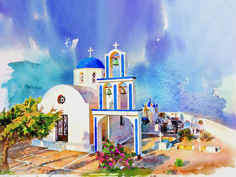 Traditional blue domed church with bell tower and cemetery in summer time on the beautiful island of Santorini, Cyclades, Greece. - watercolor painting