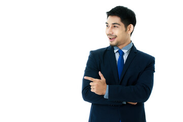 Fototapeta na wymiar Portrait of cheerful young Asian businessman pointing finger to the side blank space isolated on white background. Studio shot, business and success concept.
