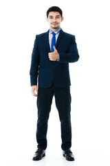 Portrait of delighted young Asian businessman shows thumbs up on isolated white background. Studio shot, business and success concept