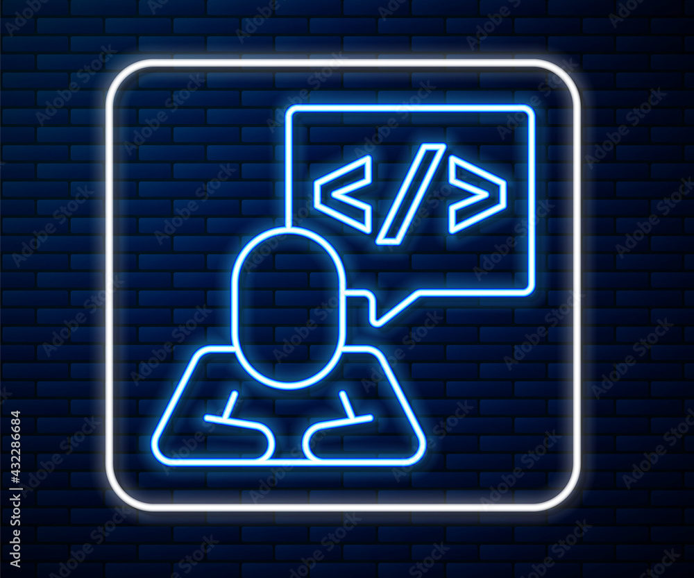 Poster glowing neon line web design and front end development icon isolated on brick wall background. vecto