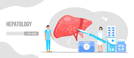 Hepatology concept vector for medical website, landing page. Concept of hepatitis A, B, C, D, cirrhosis, world hepatitis day. Tiny doctors treat liver. - obrazy, fototapety, plakaty