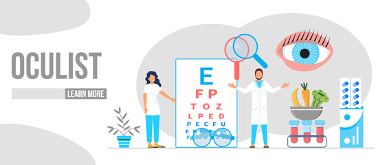 Fototapeta na wymiar Eye doctor, oculist concept for health care banner, mobile website. Glaucoma treatment concept vector. Medical ophthalmologist eyesight check up with tiny people. Myopia concept vector