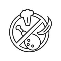 Stop food , no eating icon vector in line, outline style.Chicken leg grill, banana, broccoli shown. Fast month.